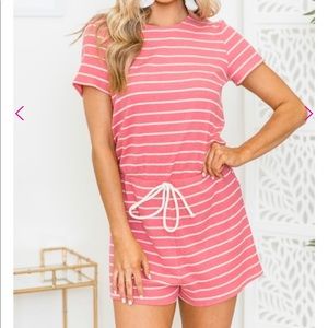 Pink Striped Romper | Short Sleeve | Drawstring